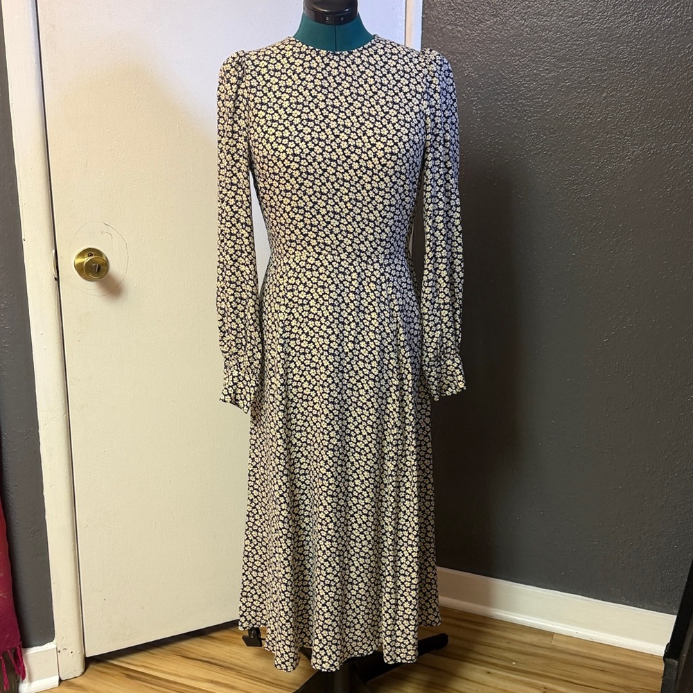 Reformation Navy and Cream Floral Long Sleeve Dress
